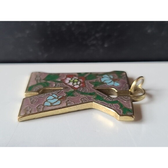 Cloisonne Floral Letter K Shaped Pendant Vintage - Picture 6 of 10
